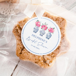 Roze bloemige porseleinen chinoiserie bruiloftsbor ronde sticker