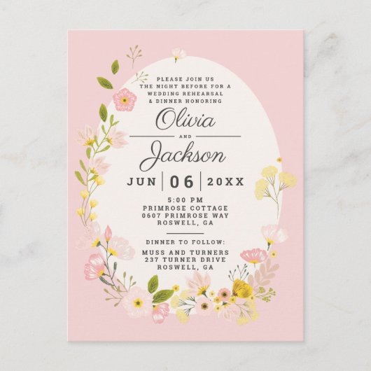 Roze bloemige postkaart proef diner uitnodiging (Voorkant)