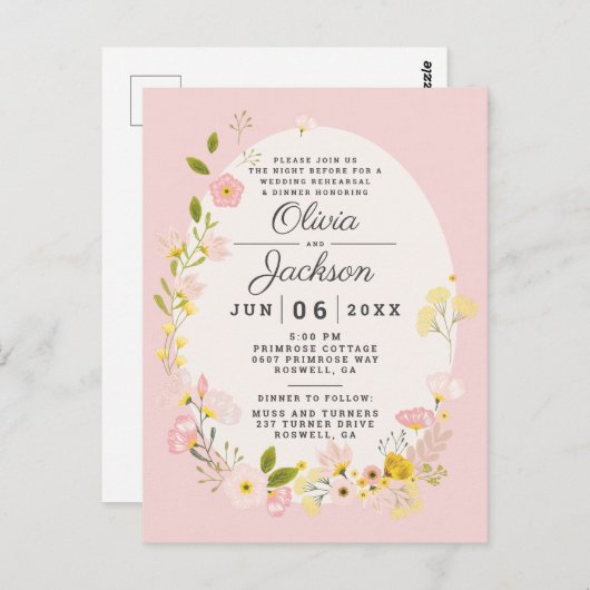 Roze bloemige postkaart proefdiners uitnodiging (Voorkant / Achterkant)