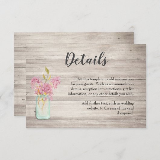 Roze Bloemige Pot Rustic Trouwkaart Detailskaart Informatiekaartje (Voorkant / Achterkant)