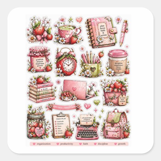 Roze Bloemige Productiviteit Stickers (Voorkant)