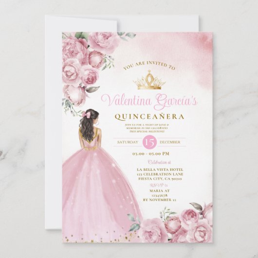 Roze bloemige Quinceañera 15 Anos Bloemen Gouden K Kaart (Voorkant)