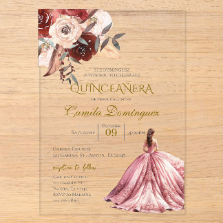 Roze bloemige Quinceanera Acryl Uitnodigingen