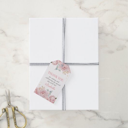 Roze bloemige Quinceanera bedankkaartjes Cadeaulabel (Met Touw)