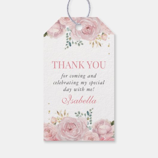 Roze bloemige Quinceanera bedankkaartjes Cadeaulabel (Achterkant)