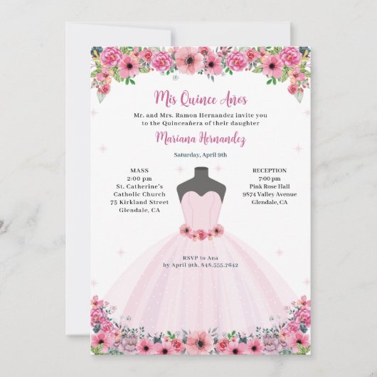 Roze bloemige Quinceanera-feestjurk Kaart (Voorkant)