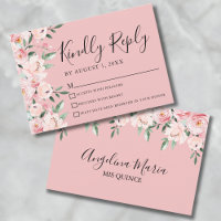 Roze Bloemige Quinceanera RSVP Kaart