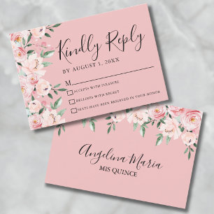 Roze Bloemige Quinceanera RSVP Kaart