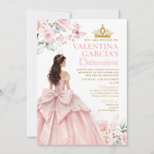 Roze bloemige Quinceañera uitnodiging (Voorkant)