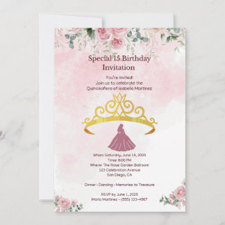 Roze Bloemige Quinceañera Uitnodiging Plat Kaart