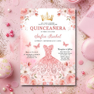 Roze bloemige Quinceanera uitnodiging Spaans tweet