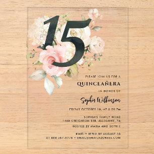 Roze bloemige Quinceanera-viering Acryl Uitnodigingen