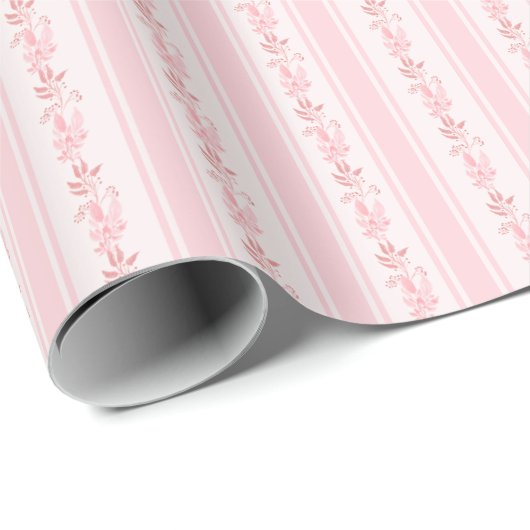 Roze bloemige retro  strepenpatroon cadeaupapier (Rol Hoek)