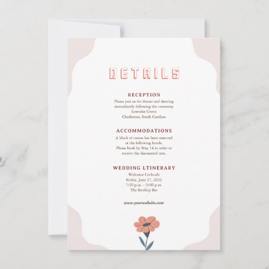 Roze bloemige retro trouwkaart bijlage kaart (Voorkant)