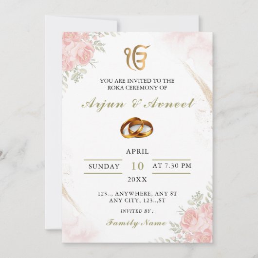 Roze Bloemige Roka Ceremonie Uitnodigingskaart Kaart (Voorkant)