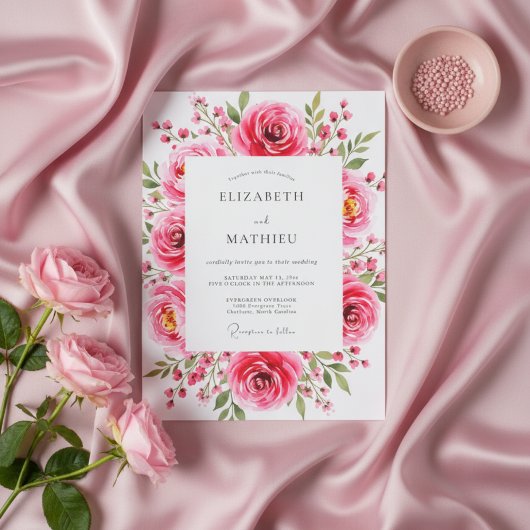 Roze Bloemige Romantische Bloeiende Bruiloft Kaart