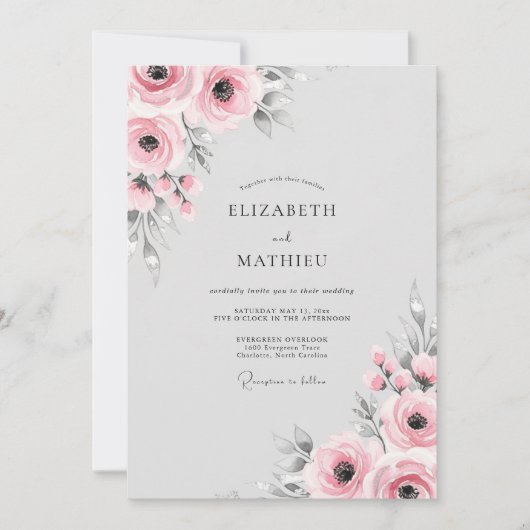 Roze Bloemige Romantische Bruiloft Kaart (Voorkant)