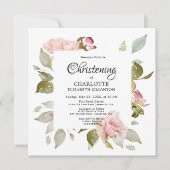 Roze bloemige roos botanische vierkante doopfeestj kaart (Voorkant)