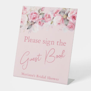 Roze bloemige roos bruidsfeest gast boek tafel reclamebord met voetstuk