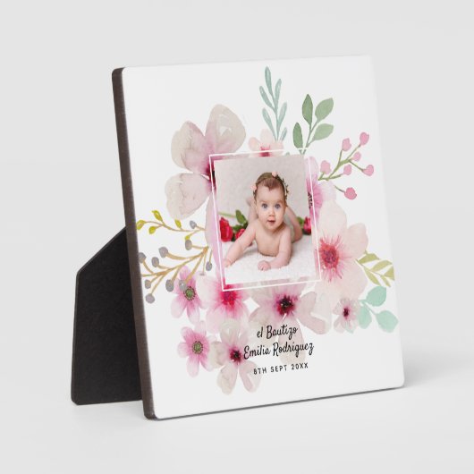 Roze bloemige roos FOTO DOOPPLECHTIGHEID Doop Meis Fotoplaat (Voorkant)