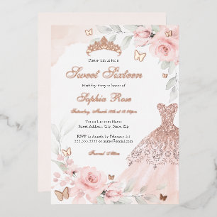 Roze bloemige roos vlinder jurk Sweet Sixteen Folie Uitnodiging