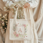 Roze bloemige roosmonogram tote bag