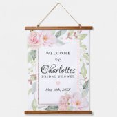 Roze bloemige roze gouden bruiloft Welcome Bord Hangend Wandkleed (Voorkant)