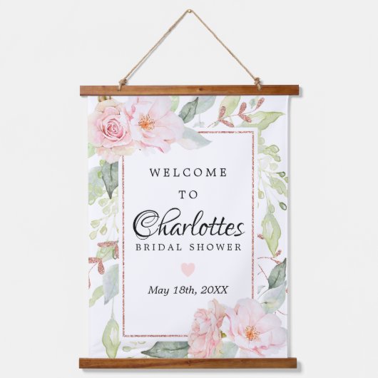 Roze bloemige roze gouden bruiloft Welcome Bord Hangend Wandkleed (Voorkant)