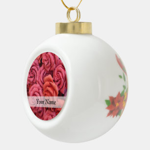 Roze bloemige rozen keramische bal ornament