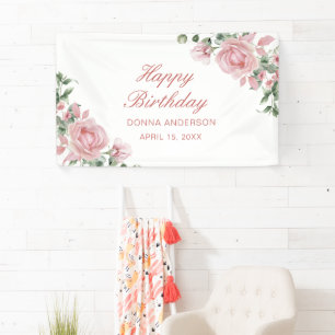 Roze bloemige rozen verjaardagsfeest bord spandoek