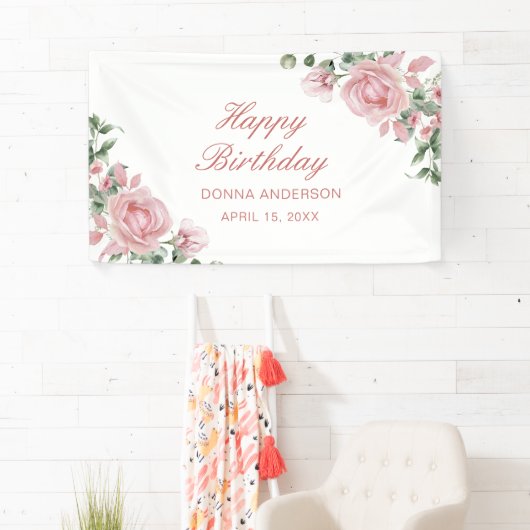 Roze bloemige rozen verjaardagsfeest bord spandoek (Insitu)