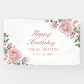 Roze bloemige rozen verjaardagsfeest bord spandoek (Horizontaal)