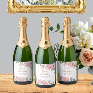 Roze bloemige rozen verjaardagsfeest bord sparkling wijnetiket