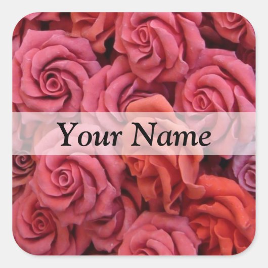 Roze bloemige rozen vierkante sticker (Voorkant)