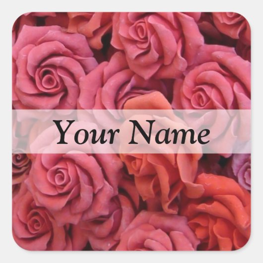 Roze bloemige rozen vierkante sticker (Voorkant)
