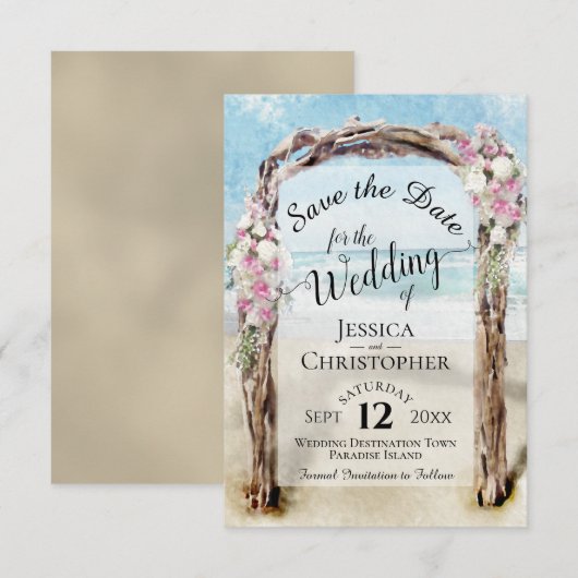 Roze Bloemige Rustieke Drijfhout Strandprieel Trou Save The Date (Voorkant / Achterkant)