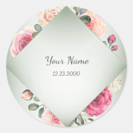 Roze Bloemige Rustieke Geometrische Groene Feest Ronde Sticker