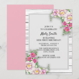 Roze Bloemige Rustieke Houten Baby Meisje Eerste V Kaart