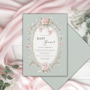 Roze Bloemige Salie Groen Vintage Baby Shower Kaart