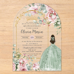 Roze bloemige salie groene Quinceañera Sweet 16 Acryl Uitnodigingen