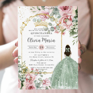Roze bloemige salie groene Quinceañera Sweet 16 Kaart