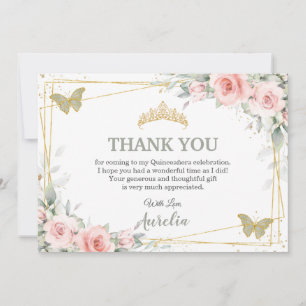 Roze bloemige salie groene vlinder Quinceañera Bedankkaart