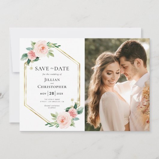 roze bloemige save the date foto kaart met blozend (Voorkant)