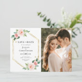 roze bloemige save the date foto kaart met blozend (Staand voorkant)