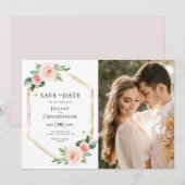 roze bloemige save the date foto kaart met blozend (Voorkant / Achterkant)