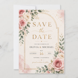 Roze bloemige Save the Date kaart | Waterverf 