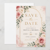 Roze bloemige Save the Date kaart | Waterverf  (Voorkant / Achterkant)