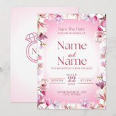 Roze bloemige save the date trouwkaart kaart (Voorkant / Achterkant)