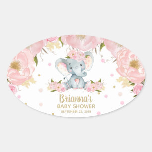 Roze Bloemige Schattige Olifant Baby Shower Ovale Sticker