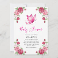 Roze bloemige schattige vlinder babyshower uitnodi